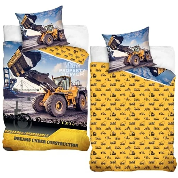MTOnlinehandel Bettwäsche Bagger 135x200 + 80x80 cm, 100 % Baumwolle, Renforcé, 2 teilig, Kinderbettwäsche-Set mit Bagger, Betonmischer & Baustelle – Bild 7