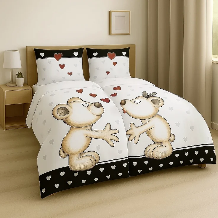 Mikrofaser-Bettwäsche mit Reißverschluss, 2er Set Partnerbettwäsche in Bären- & Herz-Design – Bild 2