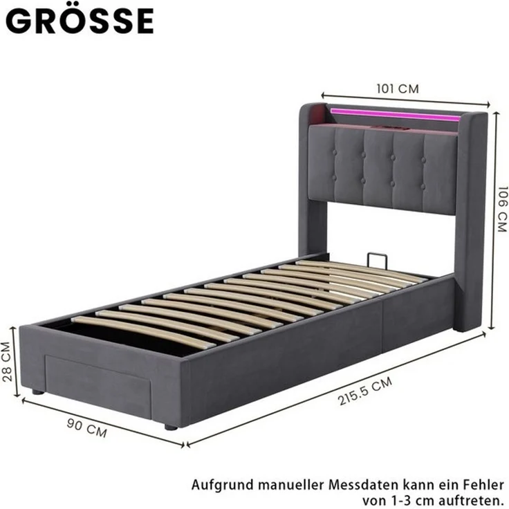 STILVORA Polsterbett 90×200 mit bettkasten,Bettgestelle Boxspringbett mit USB & LED-Licht (Funktionsbett mit Fernbedienung, Gepolsterter Rand, Samtstoff, Metallrahmen, Kompfort, Grau), Jugendbett ohne matratze, Stauraumbett für verschiedene Raumstile – Bild 4