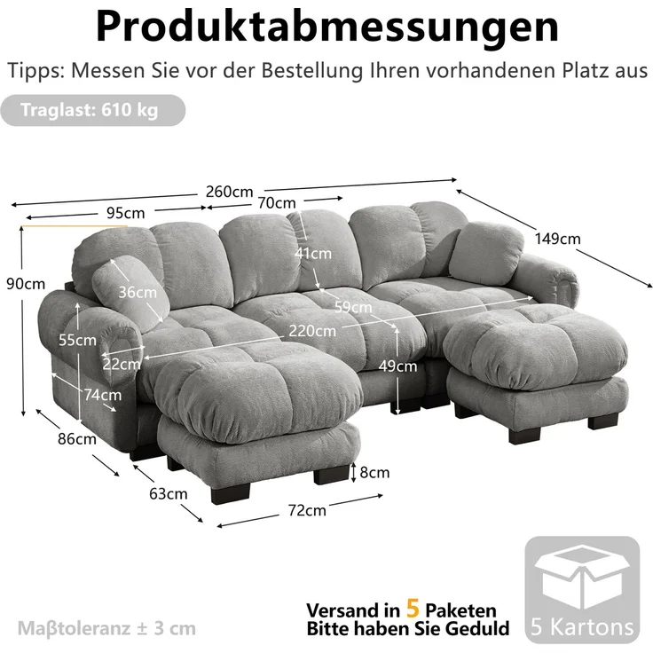 U-förmiges Sofa aus Chenille mit Steppdesign, flexible Module, 260x149x90 cm, Hellgrau – Bild 6