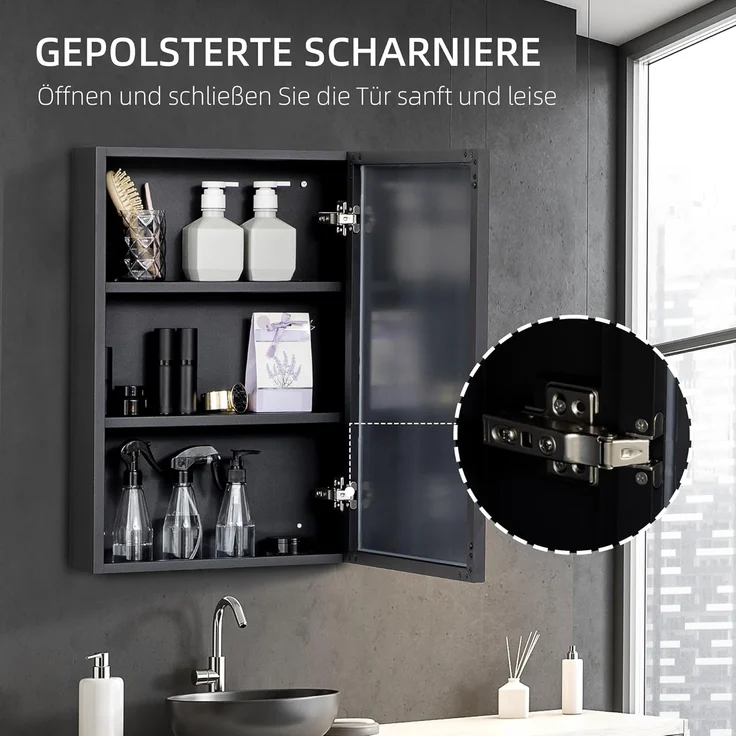 Kleankin Spiegelschrank Wand-Medizinschrank mit Spiegel, mit Ablageflächen (Hängeschrank, 1-St, Badezimmerschrank) für Badezimmer, Schwarz – Bild 6