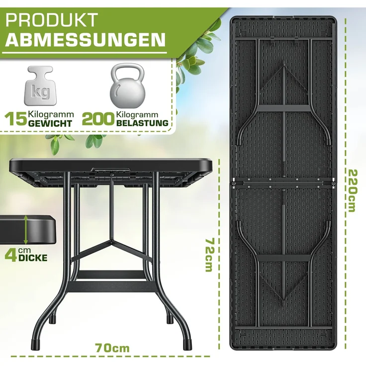 tillvex klappbarer Gartentisch, Kunststoff schwarz, 220x70 cm – Bild 2