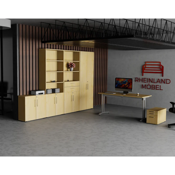 Rheinland Möbel Flügeltürenschrank Cabino 80×42×75 cm – abschließbarer Aktenschrank 2OH in Ahorn mit 110° Drehtüren & Metallgriff – Bild 5