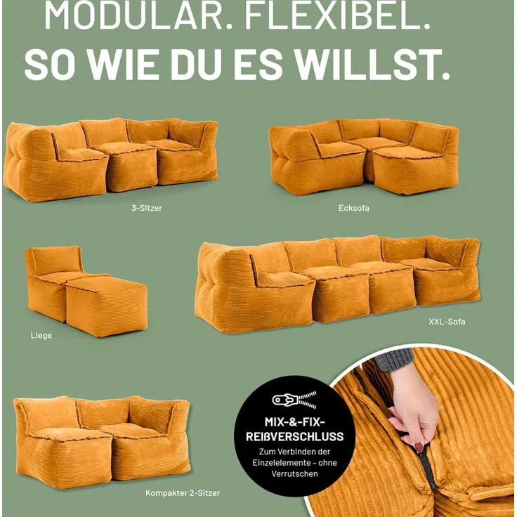 Lumaland Sitzsack-Sofa, Polyester, Mittelteil, Cord - Senfgelb, 70 x 81 x 54 cm – Bild 4