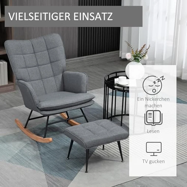 HOMCOM Schaukelsessel mit Hocker, Relaxsessel mit Leinenoptik (Armlehnsessel, 2-St, Schwingsessel), für Wohnzimmer, Schlafzimmer, Grau – Bild 7
