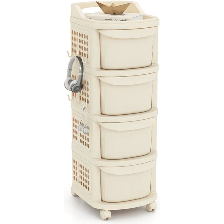 COSTWAY Rollwagen, Nischenschrank schmal auf Rollen 4 Schubladen Weiß – Bild 4