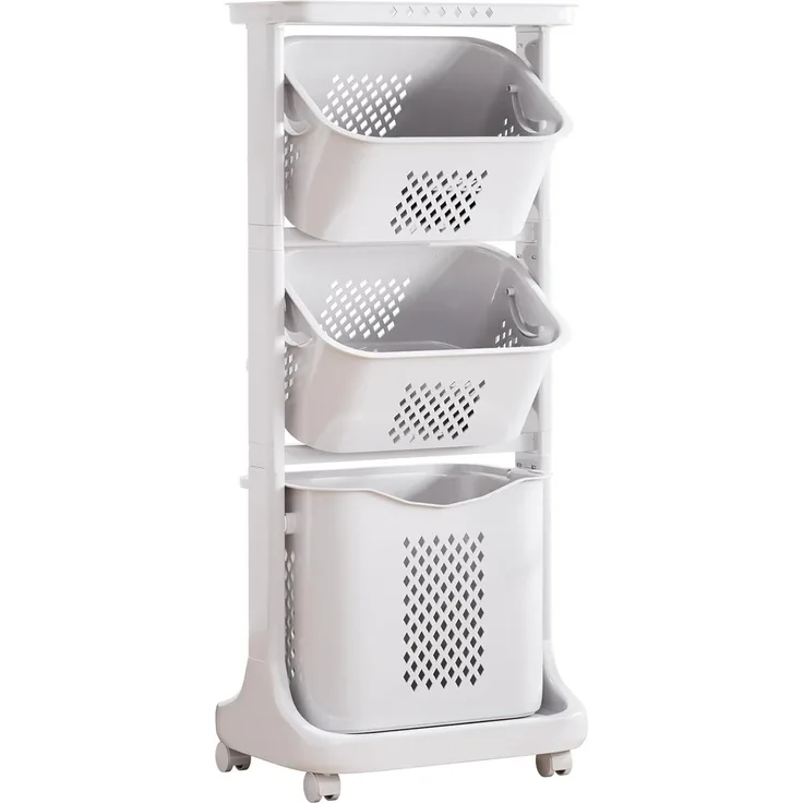 Yorbay Wäschekorb platzsparend Wäschewagen auf Rollen, hoch Wäschesortierer (mit 4 Stockwerke, 3 Aufbewahrungskörbe, 109 x 33 x 44cm), 120L Wäschebehälter für Kleidung, Spielzeug, für Badezimmer