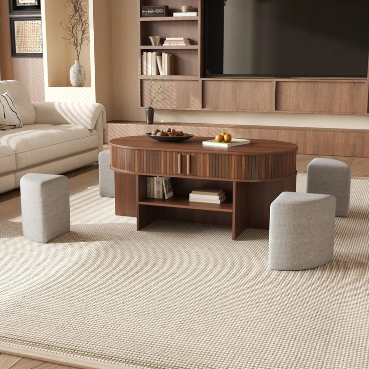 Ovaler Stauraum-Couchtisch mit vertikaler Rillenverkleidung, Couchtisch-Set mit Stoffhockern, Korpus aus Spanplatte+MDF, Metallgriffe, Couchtisch mit Schiebetüren an der Vorderseite--Nussbaum--120x60x51.5cm--YOUDENOVA – Bild 8