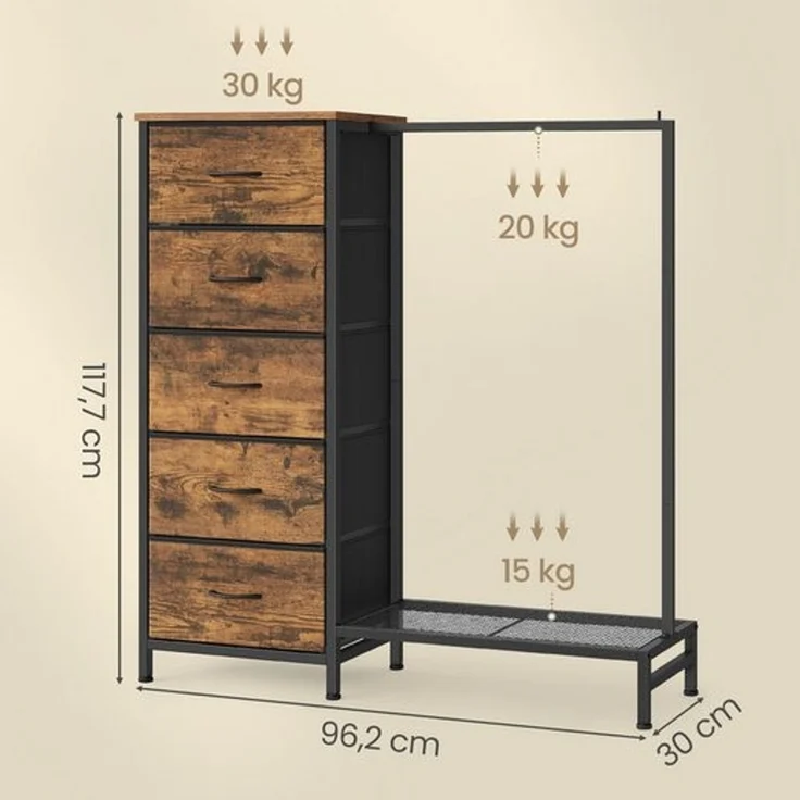 SONGMICS 3-in-1 Garderobenständer mit 5 Schubladen und Kleiderstange, 96,2 x 30 x 117,7 cm, Tan – Bild 5