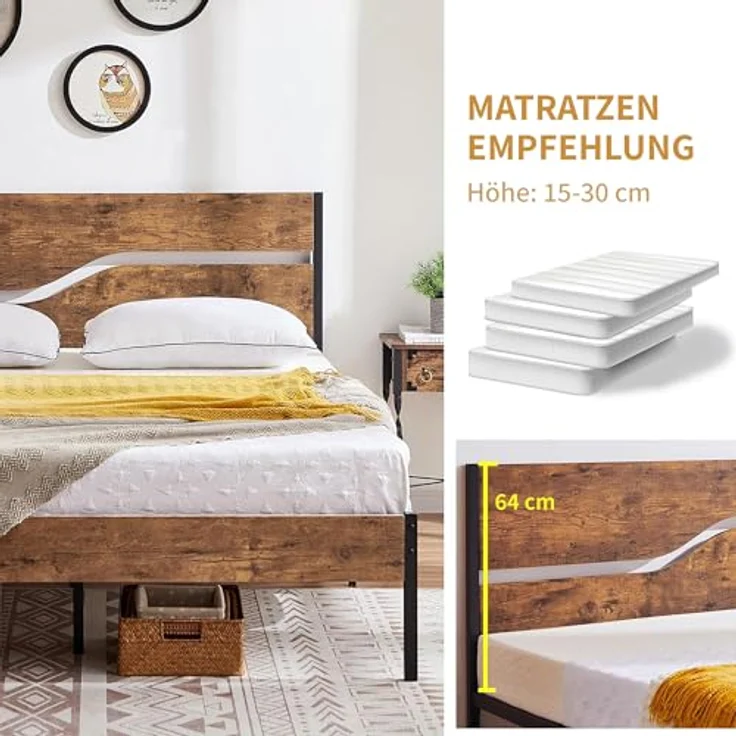 VECELO Bettgestell 90x200 cm Bettrahmen aus Metall mit Lattenrost, Einzelbett Metallbett mit Dick Holzkopfteil, Vintage Gästebett Jugendbett, Perfekt für Schlafzimmer, Braun – Bild 5