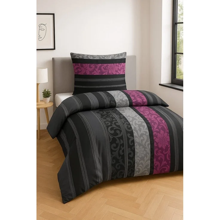 soma Bettwäsche Bettbezug 135x200 80x80 Barock gestreift Boho lila grau bieber warm, Biber, 2 teilig, Weiches Biber Set mit Barock-Motiv in Beere und Grau zweifarbig – Bild 3