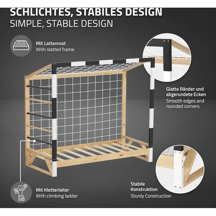 ML-DESIGN Spielbett Kinderbett Fußballtor Holzbett mit Lattenrost Kletterleiter & Netz, Handballtor Abenteuerbett 80x160cm Natur für Kinder aus Kiefernholz – Bild 3