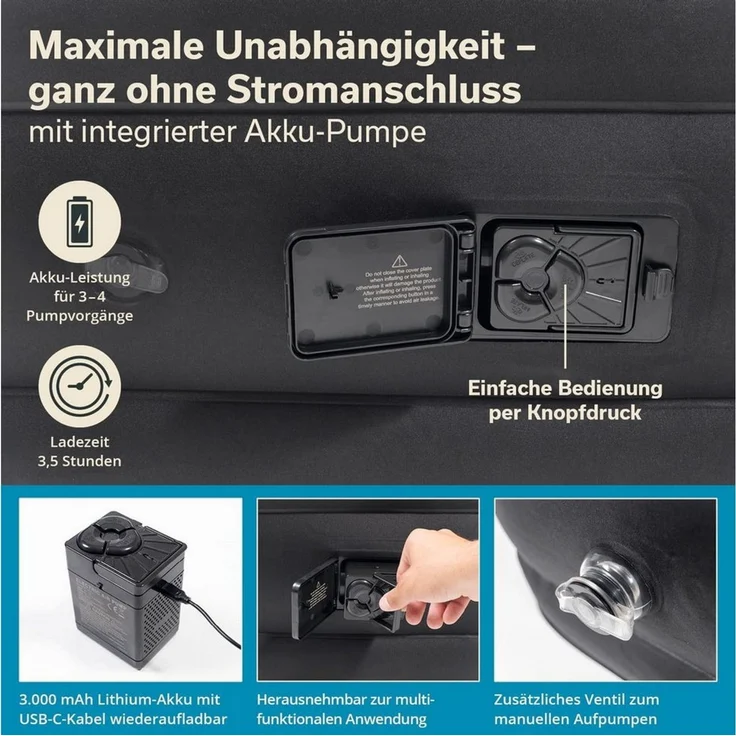 Skandika Luftmatratze Sveja Flex / Plus / Premium, selbstaufblasend mit Pumpe, (Unterseite rutschhemmend, Oberseite: Soft-Touch, beflockt), 300 belastbar, Tragetasche, Kabelfach, Luftkammersystem 6 Kammern – Bild 3