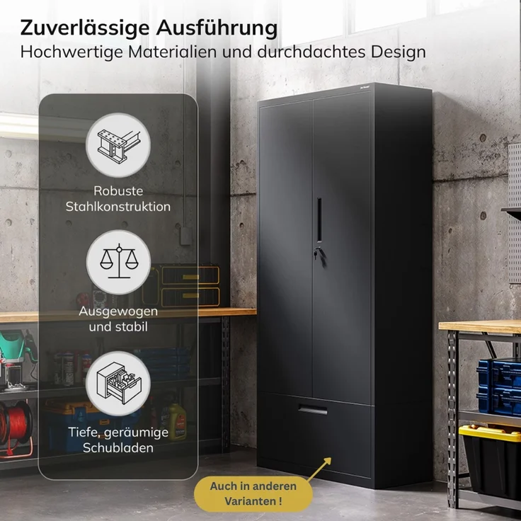 Metallschrank mit Doppel-Schublade RUEL - 195x90x40cm Schwarz | Büroschrank Aktenschrank Stahlschrank Fachbodenschrank Werkstattschrank – Bild 6
