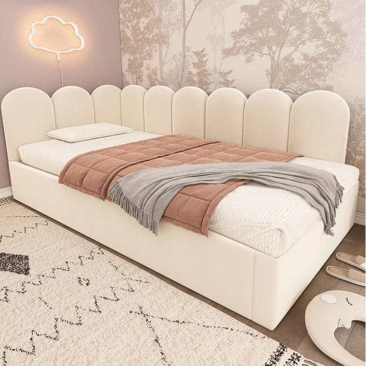 Daybett 90x200 cm mit Ausziehbett 90x190 cm – gepolstertes Schlafsofa aus Samt in Beige – Bild 2