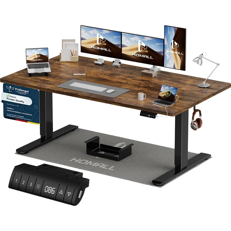 Homall Höhenverstellbarer Schreibtisch 160x80 cm mit USB-A Ladeanschluss, Elektrischer Schreibtisch mit Kabel Management Tray, Standing Desk mit 3 Memory Funktion, Computertisch Braun