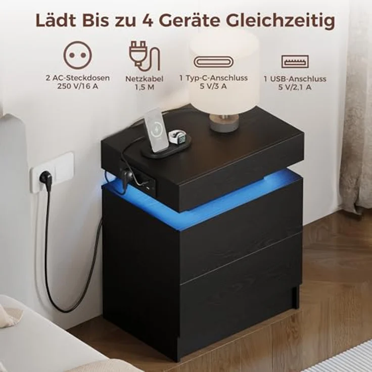 IRONCK Nachttisch Schwarz mit LED-Licht & Ladefunktion, Beistelltisch mit USB+Typ-C Anschlussen, Nachtschrank mit 2 Schubladen, Sofatisch für Schlafzimmer, Wohnzimmer, 35 x 48 x 60 cm – Bild 6