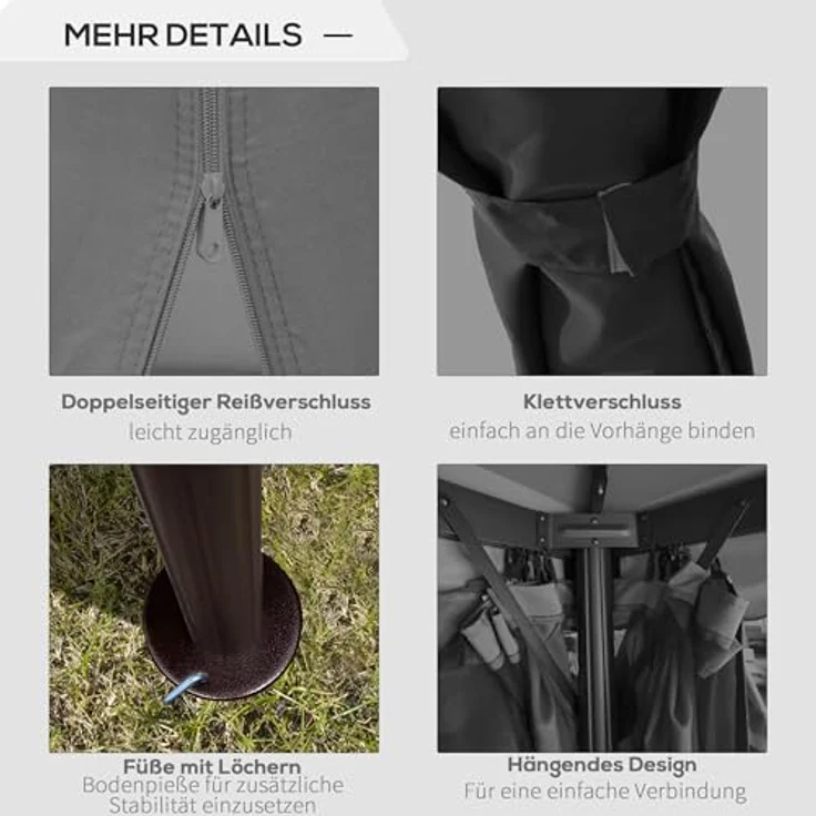 Outsunny Gartenpavillon 2,96 x 2,96 m, wetterfestes Festzelt mit Doppeldach, 4 Seitenteilen und Moskitonetz, dunkelgrau – Bild 4