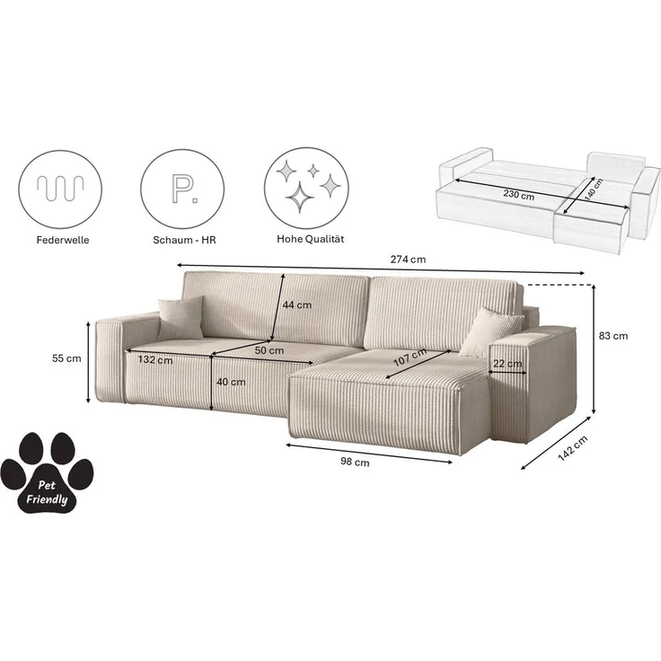 Kaiser Möbel Ecksofa mit schlaffunktion und bettkasten, Eckcouch BEST XL stoff Poso, Mit Bettfunktion und Bettzeugfach – Bild 2