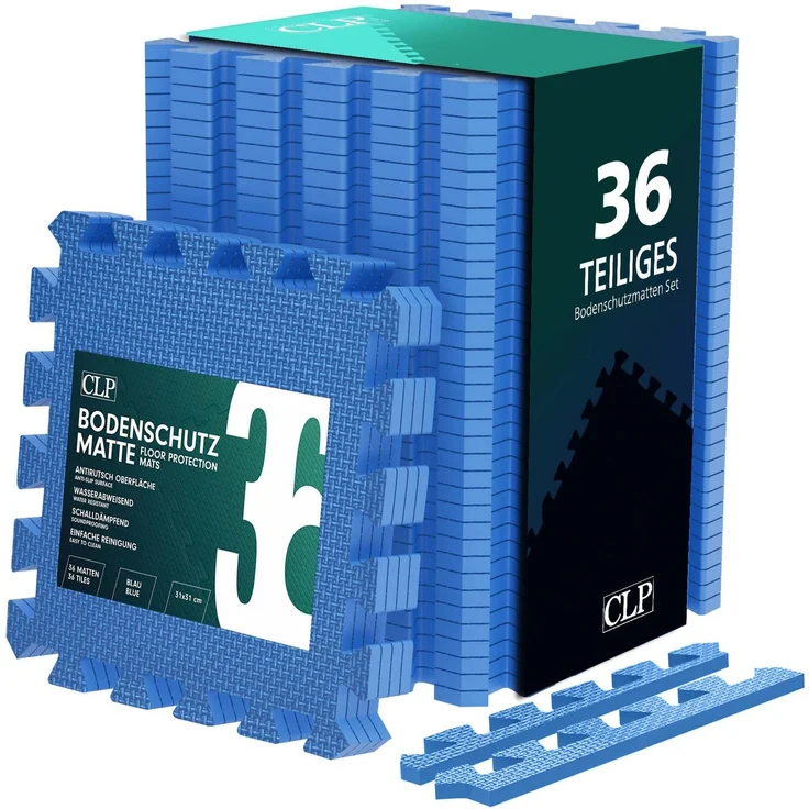 CLP Bodenschutzmatten 30x30 cm Set rutschfest indoor und outdoor mit Randstücken,blau 36er-Set