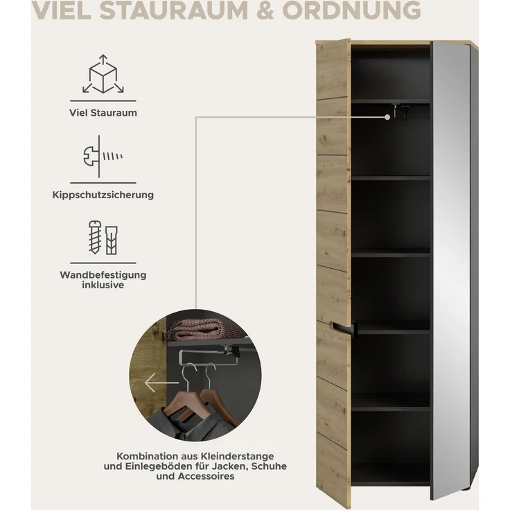 Garderobenkombination (B/H/T: 220x190x37 cm) in Artisan Nachbildung – Bild 8
