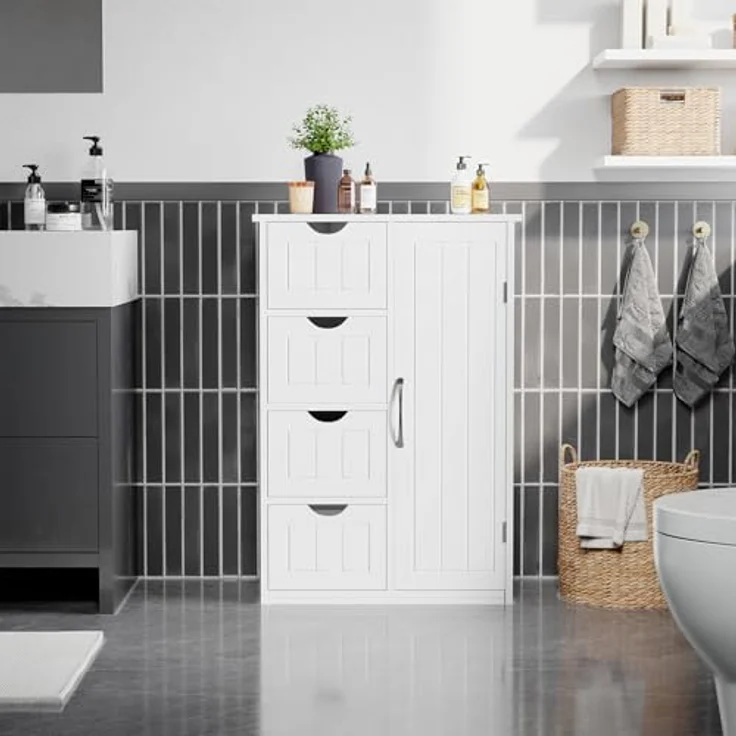 Sweetcrispy Badezimmerschrank 24 Inches Hoch Modern, mit 4 Schubladen & 1 Tür, Hochglanz Weiß mit Einboden & Großem Stauraum, Schmale Badkommode, Badezimmer Kommode – Bild 3