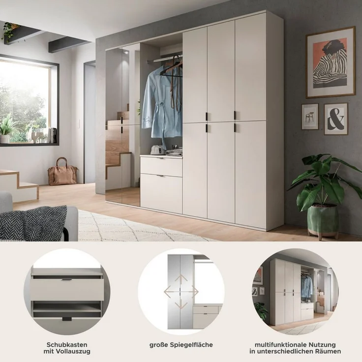 Home affaire Garderoben-Set TRONDHEIM, 6-teilig, Breite 213cm, individuell platzier- & erweiterbar, (Set, 5-St, bestehend aus: 3x Garderobenschrank & 3-tlgs. Zwischenbauelement), Garderobenschrank, Kleiderschrank, Schrankkombination, Garderobe – Bild 3