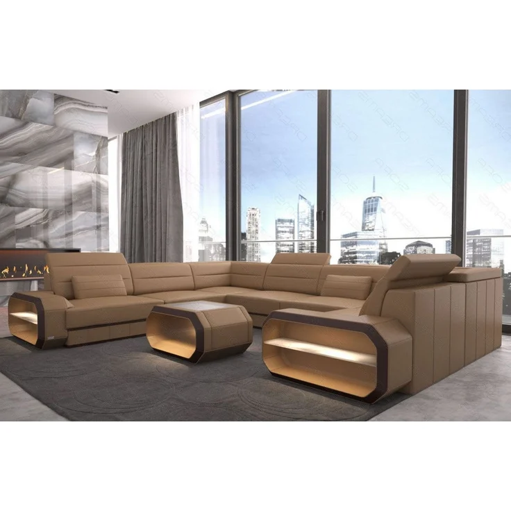 Leder Wohnlandschaft Verona U-Form – Komfort - Ledermix - sandbeige-dunkelbraun - Links – Bild 3