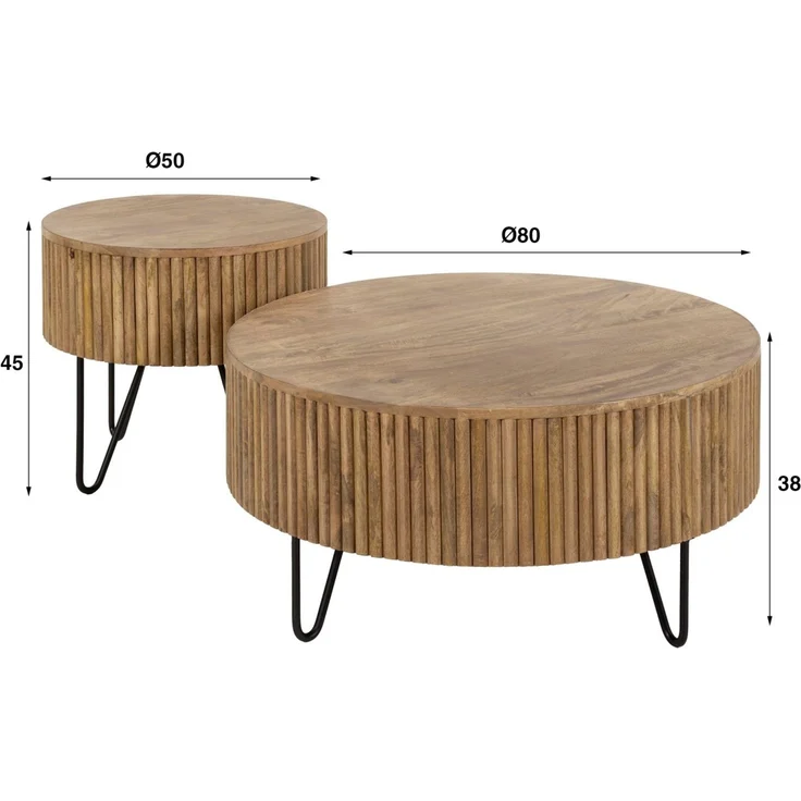 Couchtisch 2er-Set Vagula aus Mangoholz, Wellenmuster, modern rund, natur, Hairpin-Beine – Bild 3