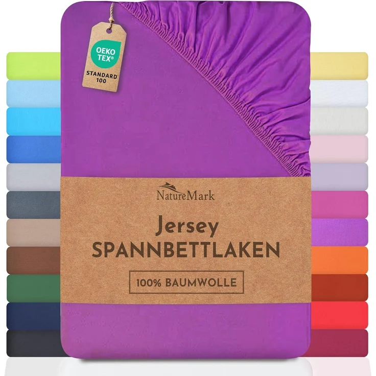 NatureMark Jersey Spannbettlaken, Spannbetttuch 100% Baumwolle in vielen Größen und Farben MARKENQUALITÄT ÖKOTEX Standard 100 | 200x220 cm +40 Steg - lila