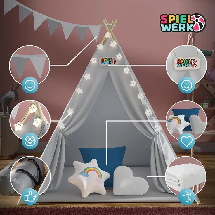 Spielwerk Kindertipi mit Lichterkette, Bodenmatte & Kissen, Baumwolle grau, 120 x 120 x 160 cm – Bild 3