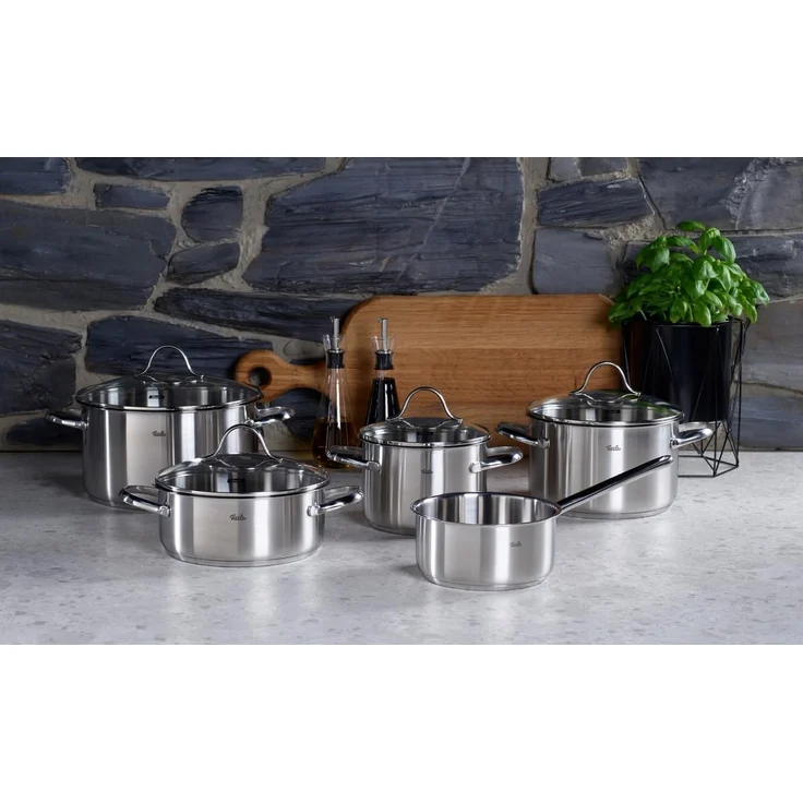 Fissler Topf-Set Palermo, Edelstahl 18/10 (Set, 9-tlg, Kochtopf 16/20/24cm, Bratentopf 20cm,Stielkasserolle ohne Deckel), geeignet für Induktion, breiter Schüttrand – Bild 2