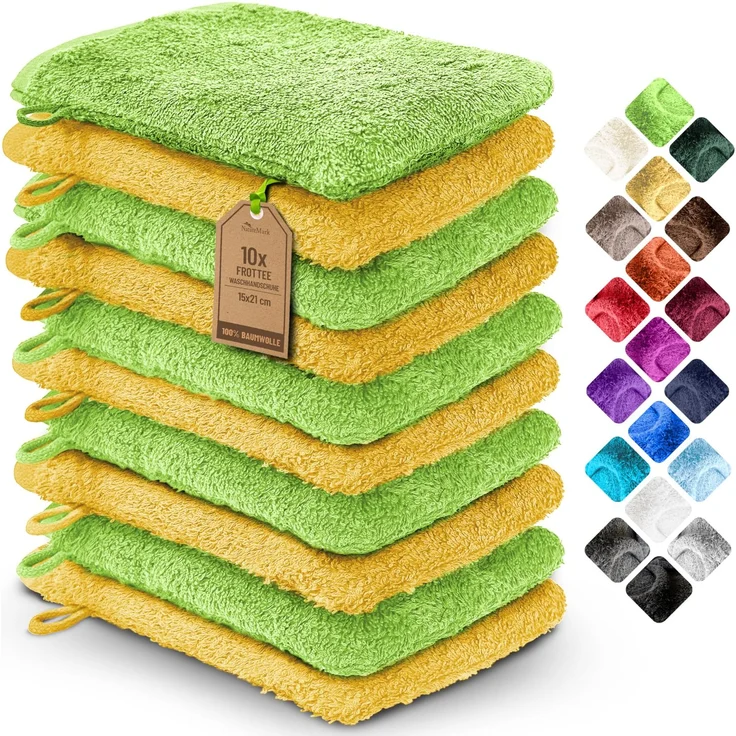 NatureMark 10x Waschhandschuhe aus Frottee 100% Baumwolle – Weich und Robust, Ideal für die tägliche Pflege und Gäste – Apfelgrün/Gelb, 15x21 cm