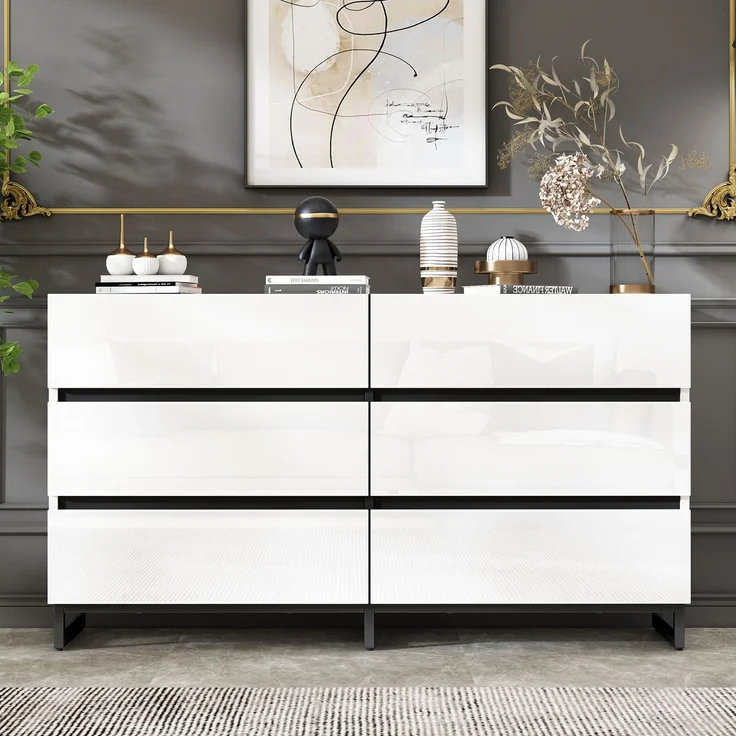 Sideboard 140 x 39,5 x 78,5 cm Weiß mit 6 Schubladen, Hochglanzfront, Metallfüße, großer Stauraum, symmetrisches Design – Bild 3