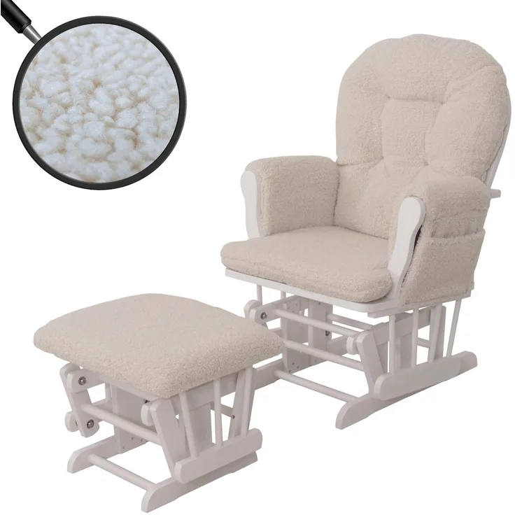 Relaxsessel HWC-C76, Schaukelstuhl Sessel Schwingstuhl + Hocker Stoff Bouclé 480g/m² Öko-Tex ~ creme Gestell weiß