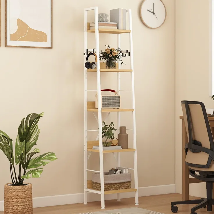 DWVO Schmales hohes Bücherregal 5 Etagen, Industrielles Leiterregal, Holzregale und Metall, schmal, dünn, modernes Regal für Wohnzimmer, Flur, Büro, Weiß und Eiche