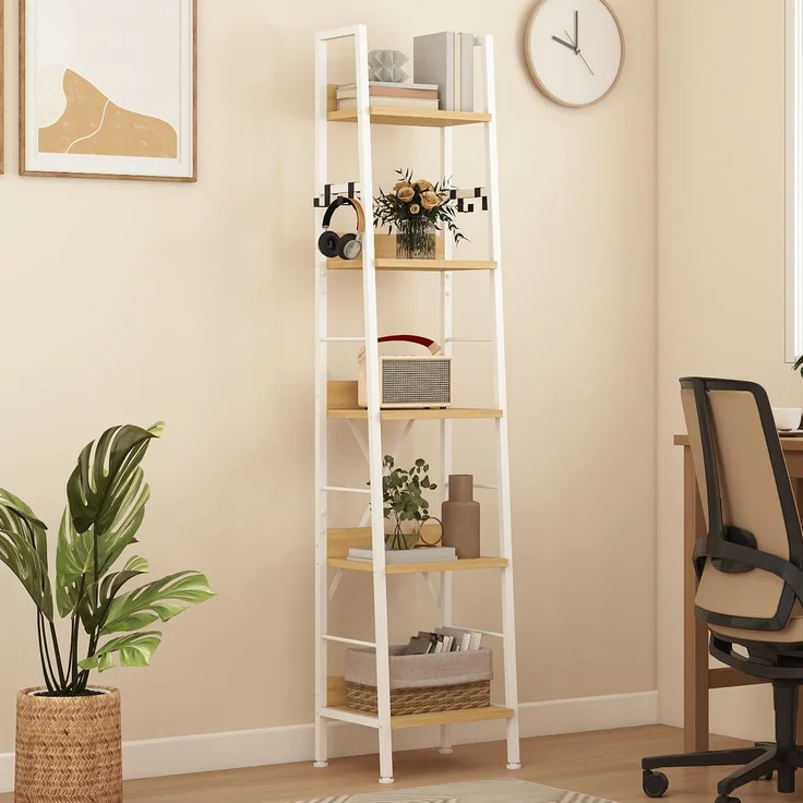 DWVO Schmales hohes Bücherregal 5 Etagen, Industrielles Leiterregal, Holzregale und Metall, schmal, dünn, modernes Regal für Wohnzimmer, Flur, Büro, Weiß und Eiche