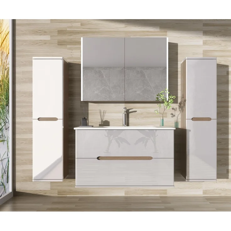 Homeline Badezimmermöbel Set Badmöbel Hochglanz Eiche/Weiß inkl LED Spiegelschrank Waschbecken 90cm (90, 4, 1x Hochschrank) – Bild 3