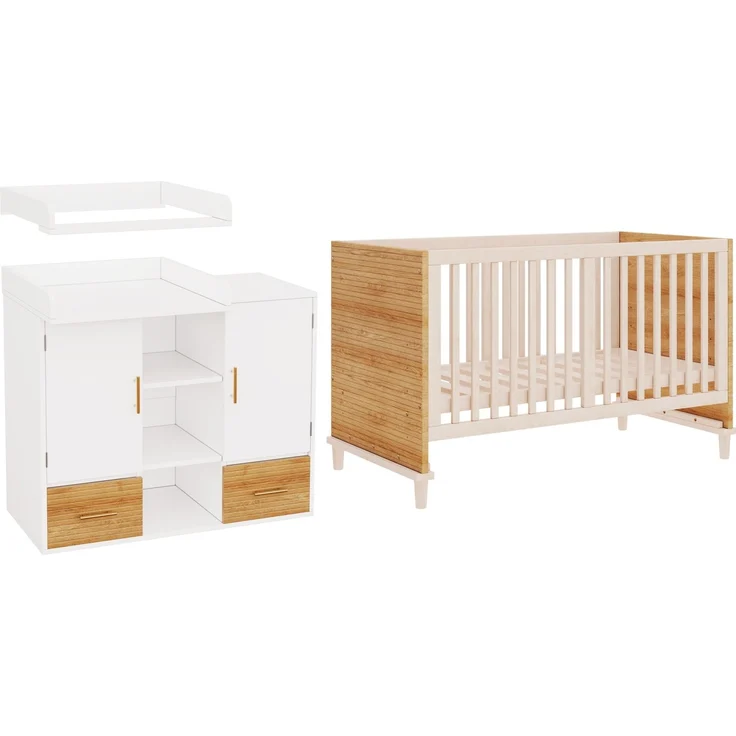 Merax Wickeltisch & Gitterbett Set, Babyzimmermöbel, Kinderzimmermöbel, Baby-Wickeltisch (114 x 53 x 92 cm), Wickelablage, abnehmbares Wickelgeländer, Babybett (70 x 140 x 87 cm), natur – Bild 8