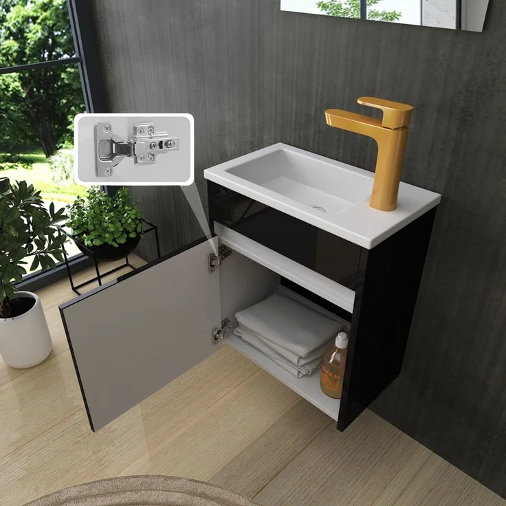 Homeline Badmöbel-Set Badmöbel set Schwarz weiß Hochglanz eiche, Badezimmer Möbel, (Badmöbel, Besteht aus drei Tagen Spiegel Keramik Becken und Unterschrank) – Bild 3
