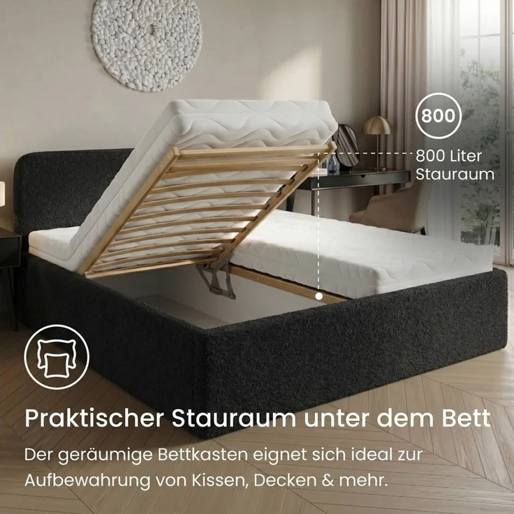 Home Collective Polsterbett Bett mit Stauraum, verstellbarem Lattenrost, viele Größen (Größen: 100x200 120x200 140x200 160x200 180x200 200x200, trendiger Bouclé-Stoff, made in Germany), wählbare Matratze Federkern oder Kaltschaum Schwarz – Bild 3
