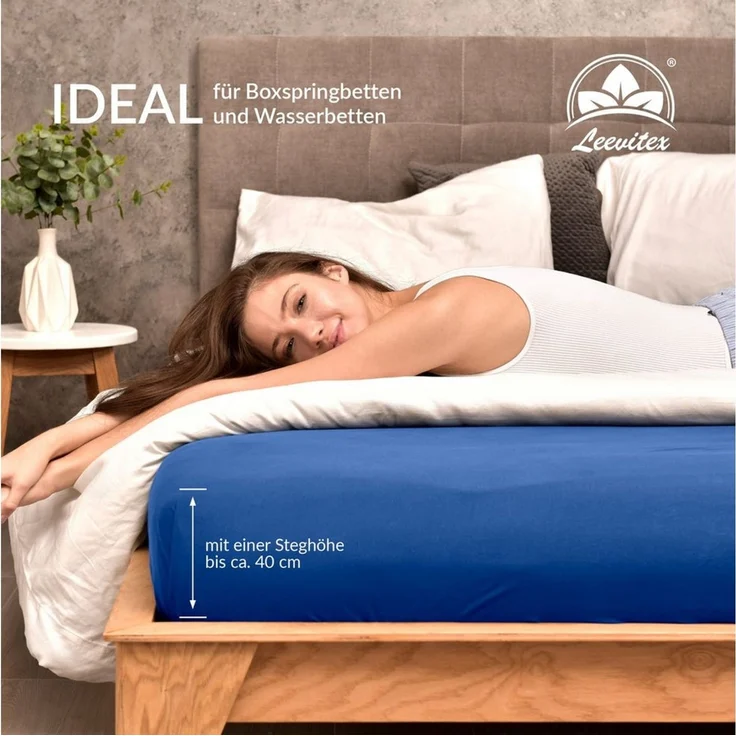 leevitex® Spannbettlaken, Premium 170g/m², Gummizug: rundum, schwer und dick, 100% Jersey-Baumwolle, Royalblau / Königsblau, Topper | 90 x 200 - 100 x 220 cm – Bild 4