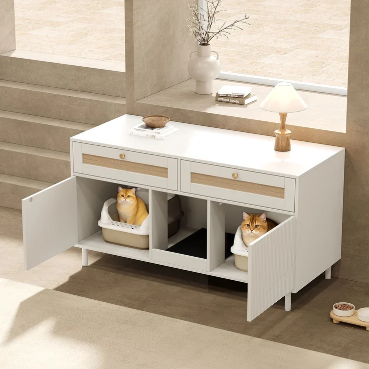 Katzentoilettenschrank mit Katzenstreufangmatte, Katzenstreuschrank, Haustierschrank mit Rattanschublade, Haustier-Sideboard/TV-Schrank, ohne Katzenstreu-Box, Weiß, 120x50x65 cm – Bild 5