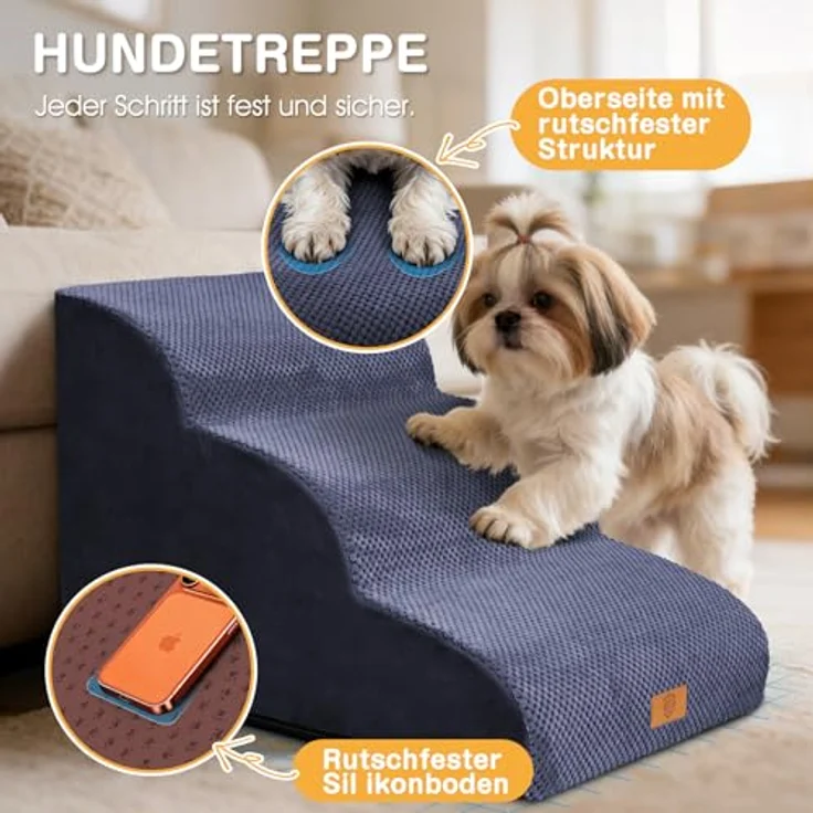 ZNM Hundetreppe – 3-stufige, wasserdichte Haustiertreppe für kleine Hunde, mit waschbarem Bezug und Reißverschluss, rutschfester Schwamm-Rampe, tragbar, auch als Katzentreppe nutzbar – Bild 7