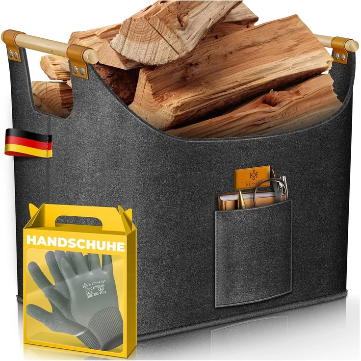 KESSER® Brennholzkorb | Kaminholztasche extra dicker Filz | Feuerholzkorb faltbar mit verstärkten Holzgriffen | Aufbewahrungskorb für Holz, Zeitung oder Brennholz | Inkl. Arbeitshandschuhen Anthrazit, 60 Liter – Bild 1