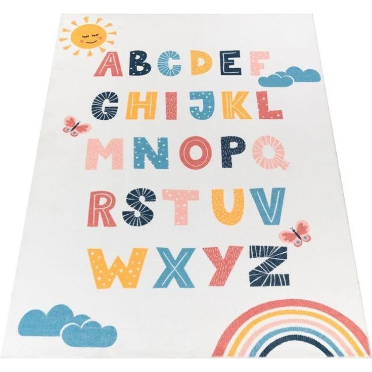 Paco Home Teppich Kinderzimmer Kinderteppich Spielteppich Kurzflor rutschfest Krone Herzen Punkte Sonne Regenbogen Buchstaben, Grösse:140x200 cm, Farbe:Bunt – Bild 1
