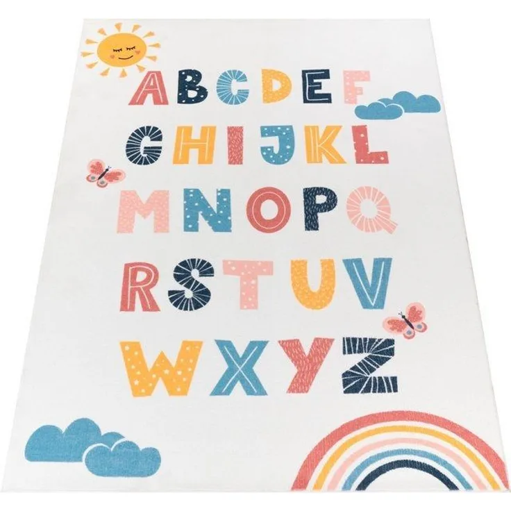 Paco Home Teppich Kinderzimmer Kinderteppich Spielteppich Kurzflor rutschfest Krone Herzen Punkte Sonne Regenbogen Buchstaben, Grösse:140x200 cm, Farbe:Bunt