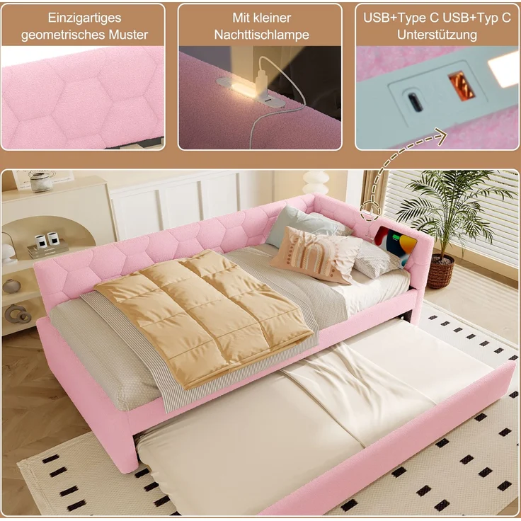 Daybett, 90*200cm Tagesbett, Schlafsofa, Bett mit Lattenrost (ohne Matratze), mit Nachttischlampe, mit multifunktionalem Ausziehbett, USB-Anschluss, Typ-C, Komfortmaterial, Boucle, Rosa – Bild 2
