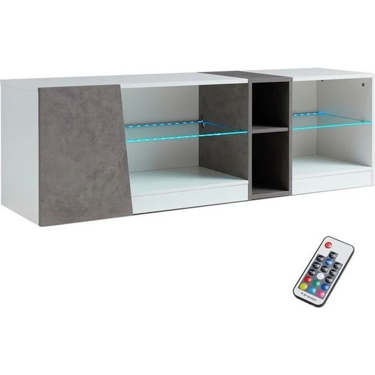 Mondeer Lowboard LED TV-Schrank, Breite 140cm mit 5 offenen Fächern und 1 Tür, Weiß und Grau – Bild 4