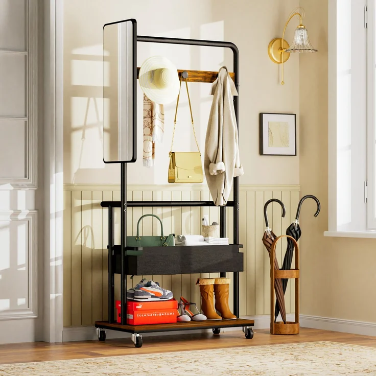 Garderobenständer 70x40x170 cm mit Spiegel, Stofftasche und Rollen – Bild 4